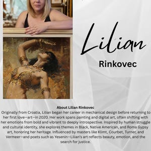 May include: An image featuring a woman and a framed painting. The painting depicts a woman in ornate attire. The text "Lilian Rinkovec" is displayed prominently. Additional text provides information about the artist and gallery.