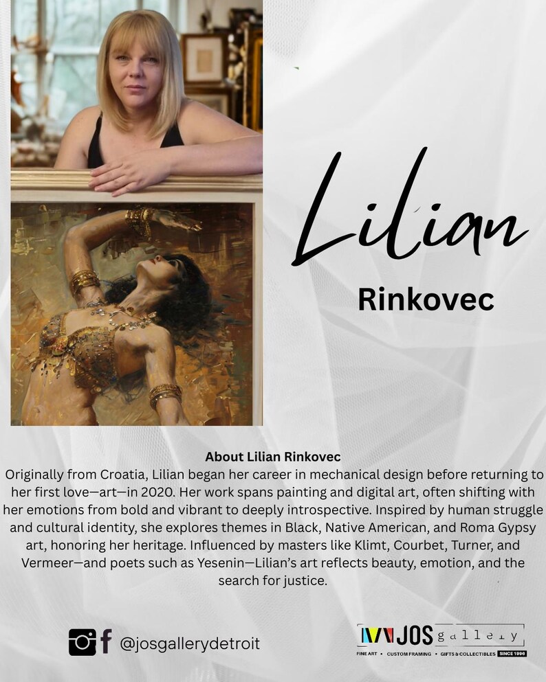 May include: An image featuring a woman and a framed painting. The painting depicts a woman in ornate attire. The text "Lilian Rinkovec" is displayed prominently. Additional text provides information about the artist and gallery.