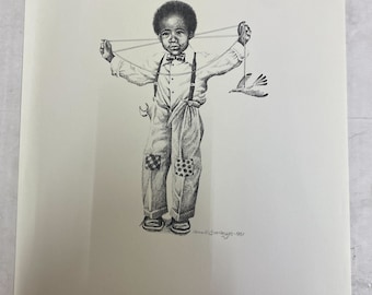 May include: Black and white drawing of a young boy with a bow tie, suspenders, and patched pants. He is holding a string with a bird attached to the end. The drawing is titled "Boy With Bird" and signed "Roma Scarbough - 1981".