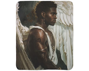 Black Angel Portrait Fleece Sherpa Blanket | Winged Figure, Renaissance Style