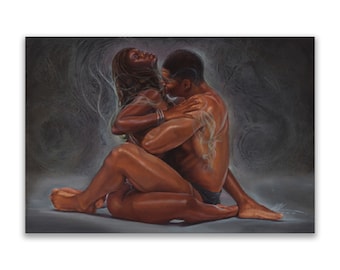 May include: A romantic painting shows a couple in an embrace. The figures are painted in warm, earthy tones, with soft, ethereal wisps around them. The man is kissing the woman's neck, and they are seated close together.