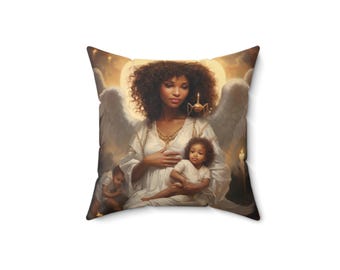 Black Angel Mother and Child Pillow | Decorative Square Throw Pillow