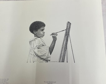 May include: Black and white drawing of a young boy painting on a canvas. The boy is wearing a white shirt and is holding a paintbrush in his right hand. The drawing is titled "ARTIST" and signed by Ronald Scarborough.