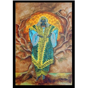 May include: A watercolor painting of a person wearing a blue, green, and gold robe with intricate patterns. The person is standing in front of a tree with brown branches and a yellow background.