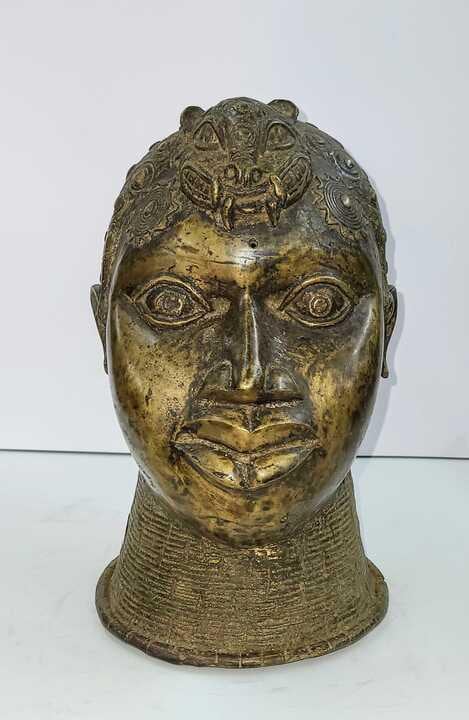 Handcrafted Bronze Head Statue - African Heritage Decor, This bronze head measures 13H x 8W x 10D inches.