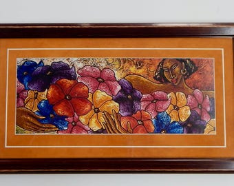 FLOWERS FOR NINA , Artwork by LaShun Beal,  Black People Art, Black Family Art, Art by Black Artists, Black Woman Art, Framed Art 22 x 12