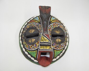 Handcrafted African Beaded Mask: Wood & Brass Accents, Cultural Decor