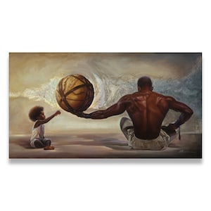 Pode incluir: Uma pintura art&iacute;stica retrata uma pessoa de pele escura sentada, segurando uma grande bola texturizada em dire&ccedil;&atilde;o a uma crian&ccedil;a pequena. A crian&ccedil;a, tamb&eacute;m de pele escura, estende a m&atilde;o para a bola. O fundo apresenta um c&eacute;u suave e nublado.