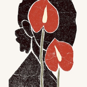 K&ouml;nnte beinhalten: Eine schwarze Silhouette eines Personenkopfes mit zwei roten Anthurien-Bl&uuml;ten davor. Die Bl&uuml;ten haben wei&szlig;e Zentren und sitzen auf gr&uuml;nen Stielen.