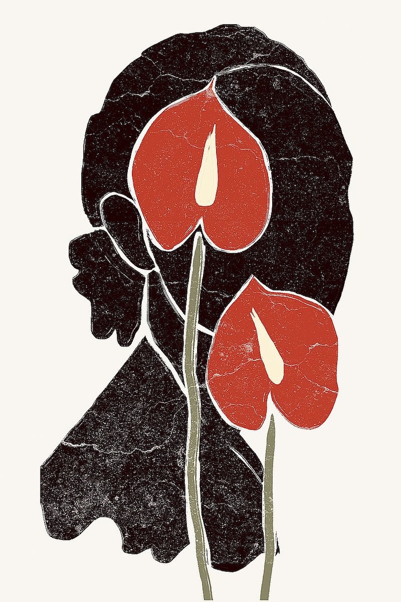 K&ouml;nnte beinhalten: Eine schwarze Silhouette eines Personenkopfes mit zwei roten Anthurien-Bl&uuml;ten davor. Die Bl&uuml;ten haben wei&szlig;e Zentren und sitzen auf gr&uuml;nen Stielen.
