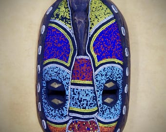 Handmade Luba Tribal Mask: African Home Decor, Beaded Wood Art (17x10 inches)