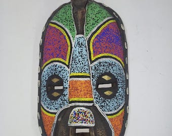 Handmade Luba Tribal Mask: African Home Decor, Beaded Wood Art (17x10 inches)
