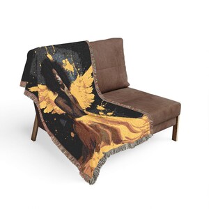 Golden Angel Illustration Woven Blanket | Angelic Wings Throw image 3