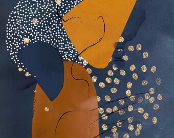 May include: Abstract art print featuring geometric shapes in navy blue, burnt orange, and white. The design includes a dotted circle, a large orange shape, and gold glitter accents. Black lines and a dark blue watercolor background complete the artwork.