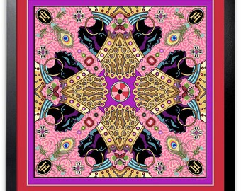 May include: A pink and purple square patterned scarf with a repeating design of four black female figures wearing gold crowns. The design is symmetrical and features a central circle with a purple and gold design. The scarf has a pink border with a gold and black logo in each corner.