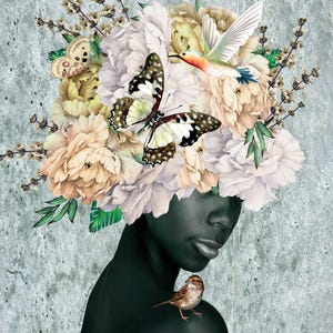 Stacy in Bloom by Yvonne Colemen Burney,  African American Art, Art by Black Artist, Black Art Gifts, Butterfly Art,  Afrocentric Home Decor