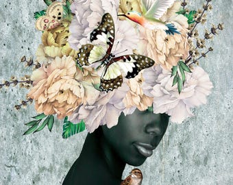 Stacy in Bloom by Yvonne Colemen Burney,  African American Art, Art by Black Artist, Black Art Gifts, Butterfly Art,  Afrocentric Home Decor