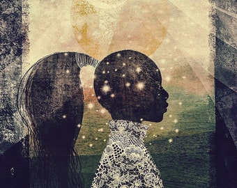 The Sun, Stars and Moon by Erin K. Robinson, Black Girl Art, Black People Art, Black Family Art, Black Art Gift