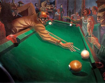 May include: A group of people playing pool in a dimly lit room. The pool table is green felt with white balls and a brown ball. The people are wearing casual clothing and are focused on the game.