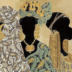 May include: Three black silhouettes of women in profile, each wearing elaborate gold jewelry and headwear. The woman on the left wears a patterned head covering, the middle woman wears a crown-like headpiece with green and gold accents, and the woman on the right wears a gold necklace and earrings. The background is a light beige.