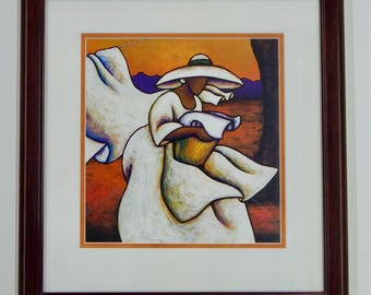 Caught in the Breeze by LaShun Beal,  Black People Art, Black Family Art, Art by Black Artists, Black Woman Art, Framed Art 17 x 16