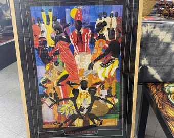 May include: A framed print of a colorful painting depicting a group of people dancing. The painting is by Willie Torbert and features vibrant colors and bold lines.