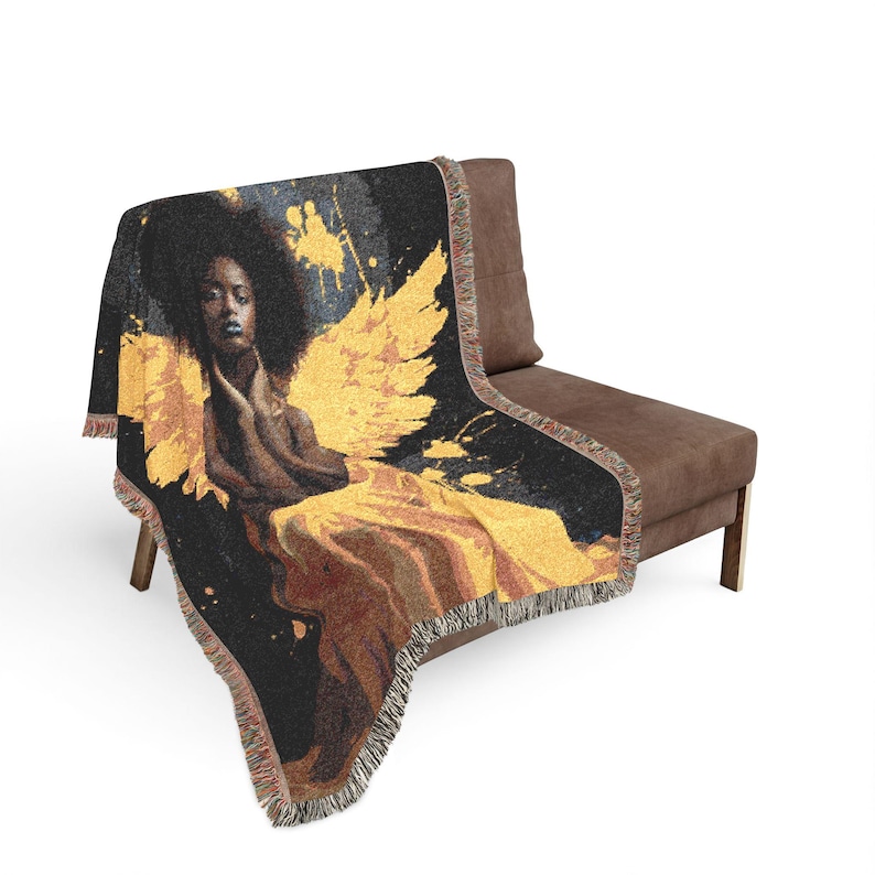 Golden Angel Illustration Woven Blanket | Angelic Wings Throw image 4
