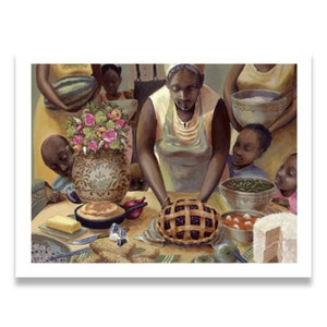 Mama's Table by John Holyfield,  Black Art, Black Kitchen Art, Black Family Art, Black Grandmother Art, African American Art, Afrocentric