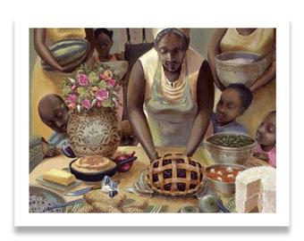 Mama&#39;s Table by John Holyfield,  Black Art, Black Kitchen Art, Black Family Art, Black Grandmother Art, African American Art, Afrocentric