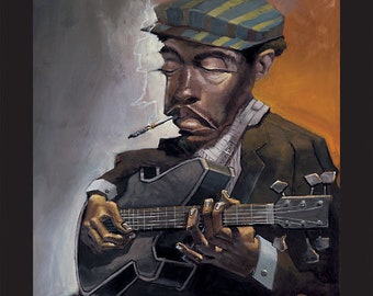 Blues Man by BUA, Surrealism Jazz, Black Guitar Playing Art, Rhythm and Blues Art, Black People Art, Black Music Art