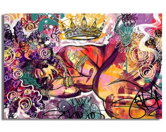 Colorful Afrocentric Queen Art, Vibrant Black Woman Wall Art, Boho Graffiti Mixed Media Painting, Feminine Power Home Decor,