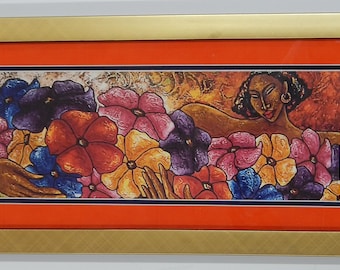 FLOWERS FOR NINA , Artwork by LaShun Beal, Framed Art 22 x 12, Black Family Art, Art by Black Artists, Black Woman Art, Black Mom Gift