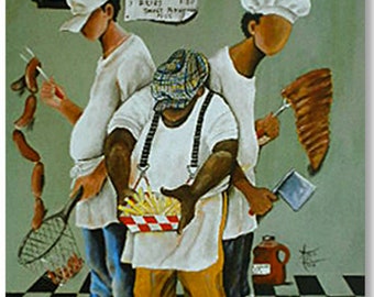 Links, Tips, Wings & Fries by Annie Lee, Black Kitchen Art, Black Art Gifts, Black Mom Gift, Black People Art, Black Family Art