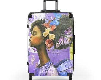 Juego de maletas, niña afroamericana con flores, arte infantil, juego de maletas mágicas de niña negra, juego de maletas creativo