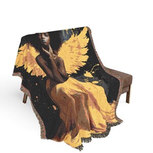 Golden Angel Illustration Woven Blanket | Angelic Wings Throw image 5