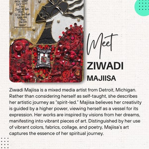 May include: A mixed media artwork featuring a woman with a red, black, and gold patterned dress. The artwork is created with vibrant colours, fabrics, and collage. The text "Meet Ziwadi Majiisa" is written in white letters on a black background.