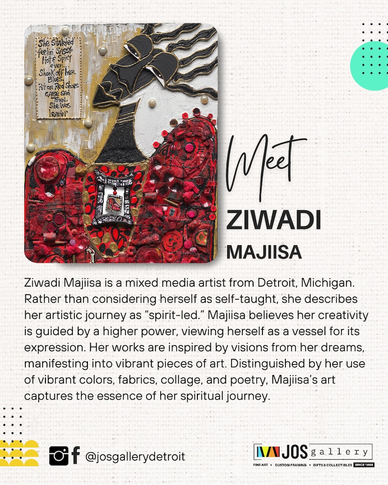 May include: A mixed media artwork featuring a woman with a red, black, and gold patterned dress. The artwork is created with vibrant colours, fabrics, and collage. The text "Meet Ziwadi Majiisa" is written in white letters on a black background.