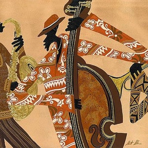 May include: A colorful painting of four musicians playing instruments. The musicians are silhouetted in black and wear patterned clothing. The instruments include a saxophone, a double bass, a trumpet, and a drum. The painting is done in a stylized, geometric style.