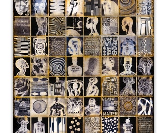May include: A collage of black and white images with a gold background. The images are of people's faces, bodies, and abstract patterns. The text "Black Lives Matter" is visible in the center of the collage.