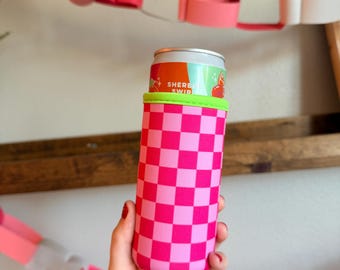 Slim Can Sleeve, Energy Drink Sleeve, Pink Checkered Slim Can Sleeve, Gifts for Her