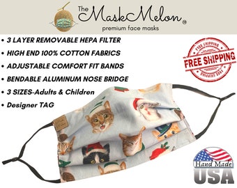 Holiday CAT Face Mask Christmas + Hepa 3 layer Filter+Adjustable Bands+Aluminum Nose Piece+3 Sizes Adults Kids+The MASKMELON- PREMIUM