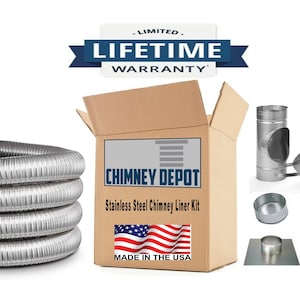 May include: A stainless steel chimney liner kit with a lifetime warranty. The kit includes a flexible liner, a chimney cap, a rain cap, a flashing, and screws. The box is labeled "Chimney Depot" and "Made in the USA".