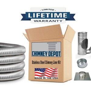 May include: A stainless steel chimney liner kit with a lifetime warranty. The kit includes a flexible liner, a chimney cap, a rain cap, a flashing kit, and installation hardware. The box is labeled "Chimney Depot" and "Made in the USA".