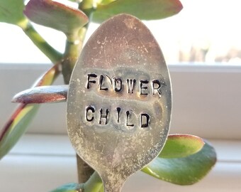 Flower child- Hand stamped spoon- Stamped spoon- Garden marker- Spoon garden marker- Plant marker- Plant lover- Garden- Stamped silverware