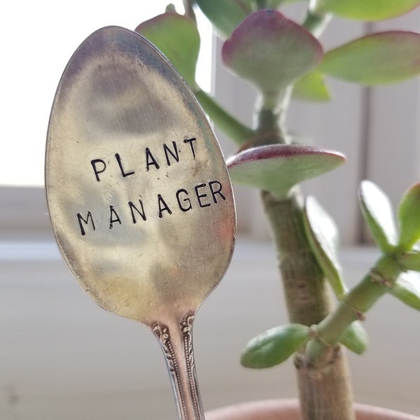 Plant manager- Hand stamped garden marker- Garden marker- Garden décor- Stamped spoon- Stamped silverware- Spoon garden marker- Antique