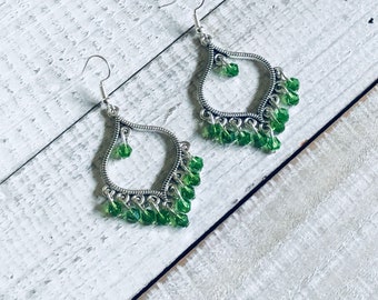 Bohemian Green Moroccan Silver Chandelier Earrings