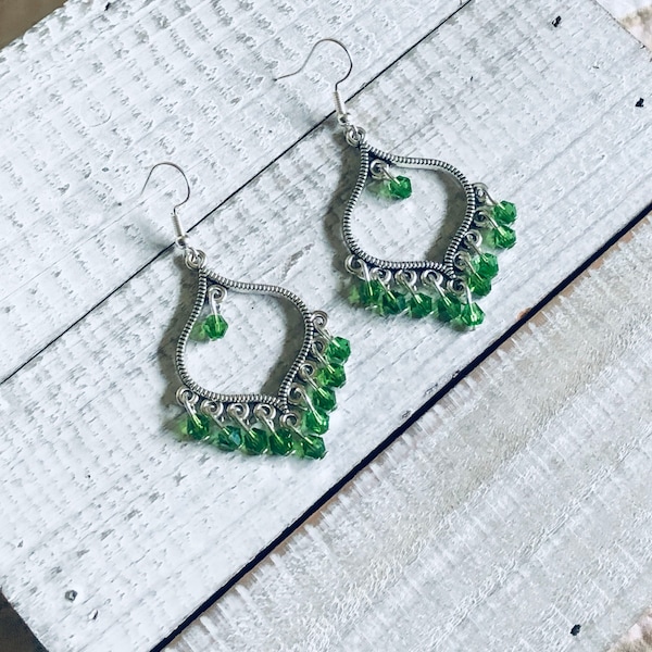 Bohemian Green Moroccan Silver Chandelier Earrings