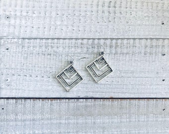 Geometric Square Dangling Drop Silver Earrings