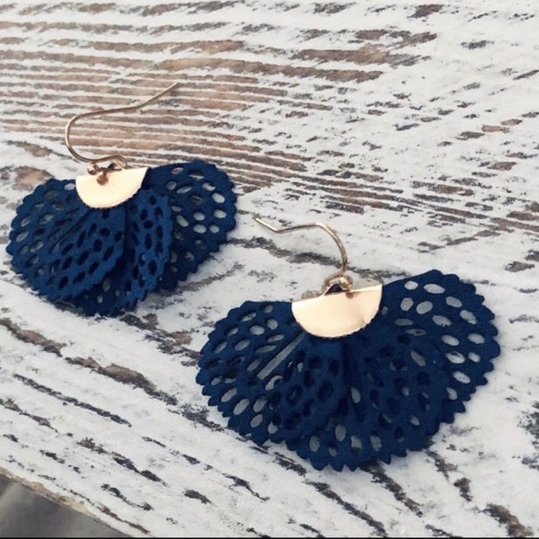 Bohemian Navy Blue Eyelet Fans Gold Earrings