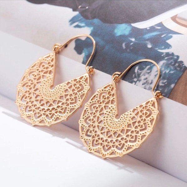 Gold Bohemian Filigree Hoop Earrings